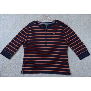 Lauren Jeans Co Shirt Womens XL Blue Orange Striped Henley Neck Long 3/4 Sleeve
